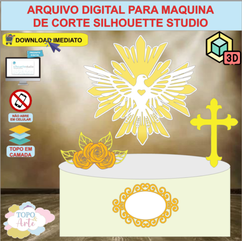 ARQUIVO de Corte Topo de Bolo Batizado Eucaristia Divino Espirito Santo com Flor 3D - 41