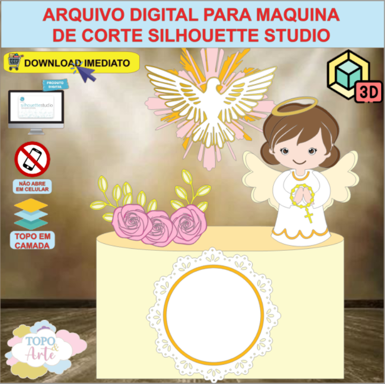 ARQUIVO de Corte Topo de Bolo Batizado Eucaristia Menina com Flor 3D - 38