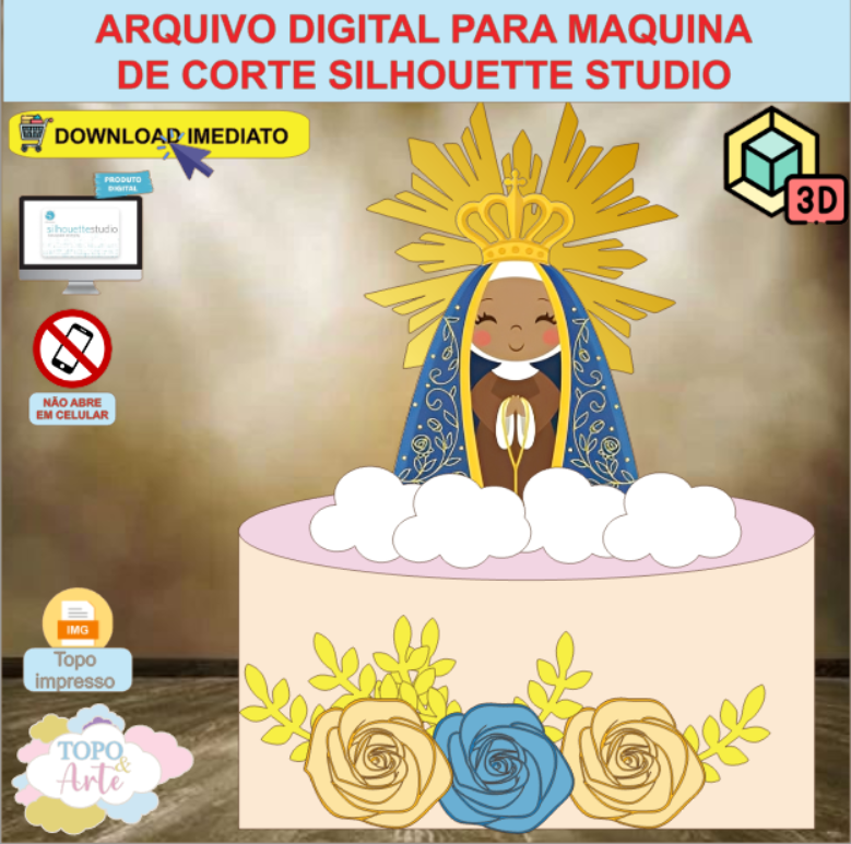 ARQUIVO de Corte Topo de Bolo Batizado Eucaristia Nossa Senhora Aparecida com Flor 3D - 01