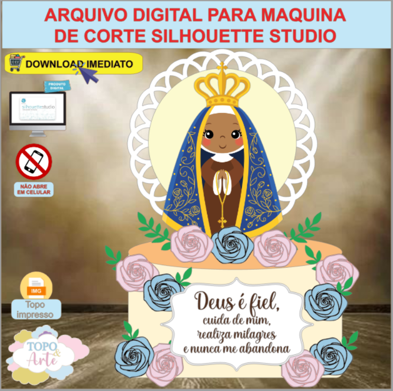 ARQUIVO de Corte Topo de Bolo Batizado Eucaristia Nossa Senhora Aparecida com Flor 3D - 10