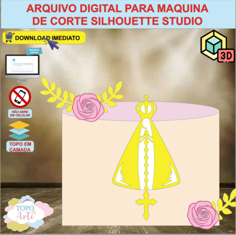 ARQUIVO de Corte Topo de Bolo Batizado Eucaristia Nossa Senhora Aparecida com Flor 3D - 42