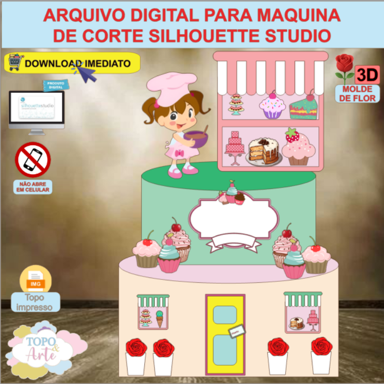 ARQUIVO de Corte Topo de Bolo Profissao Confeiteira com Flor 3D - 02