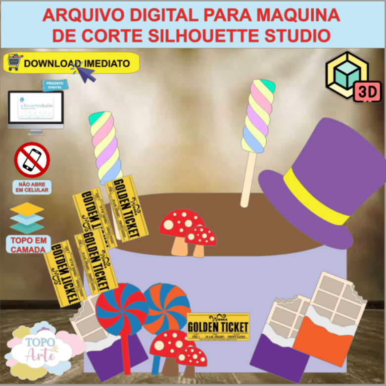 ARQUIVO de Corte Topo de Bolo Doces e Guloseimas com Cartola 3D - 16