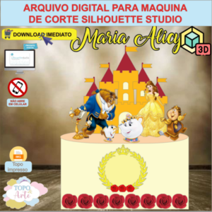 ARQUIVO de Corte Topo de Bolo A Bela e a Fera com Flor 3D - 01