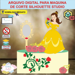 ARQUIVO de Corte Topo de Bolo A Bela e a Fera com Flor 3D - 07