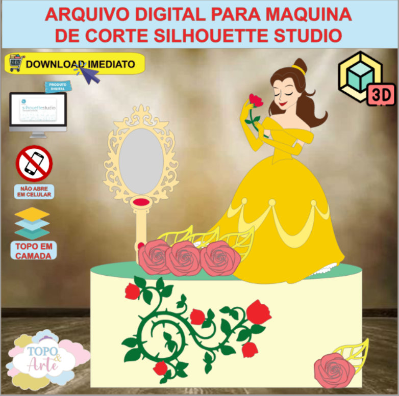 ARQUIVO de Corte Topo de Bolo A Bela e a Fera com Flor 3D - 07