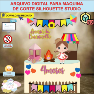 ARQUIVO de Corte Topo de Bolo Festa Junina Menina com Carrinho de Pipoca 3D - 32