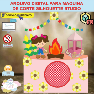 ARQUIVO de Corte Topo de Bolo Festa Junina Menina com Carrinho de Pipoca 3D - 46