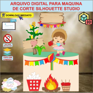 ARQUIVO de Corte Topo de Bolo Festa Junina Menina com Cesta de Pipoca 3D - 03