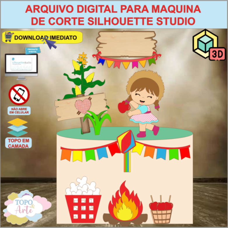 ARQUIVO de Corte Topo de Bolo Festa Junina Menina com Cesta de Pipoca 3D - 03