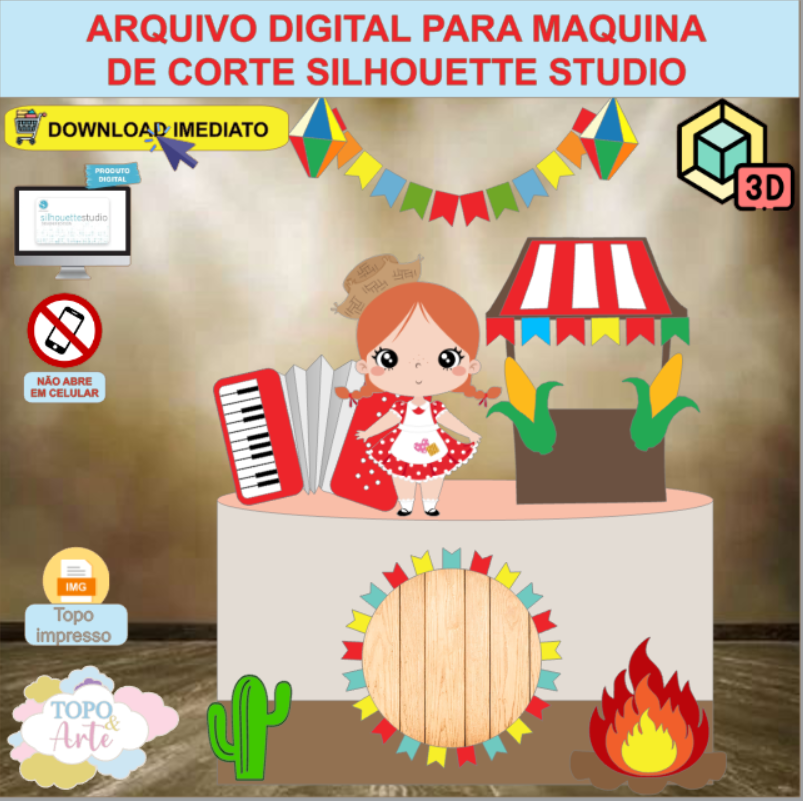 ARQUIVO de Corte Topo de Bolo Festa Junina Menina com Sanfona 3D - 01