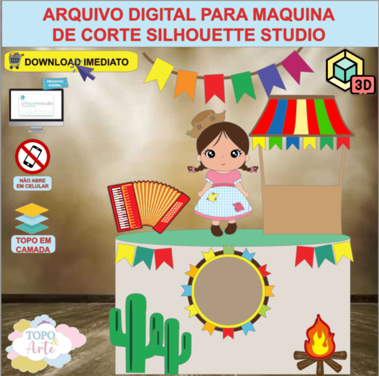 ARQUIVO de Corte Topo de Bolo Festa Junina Menina com Sanfona 3D - 29