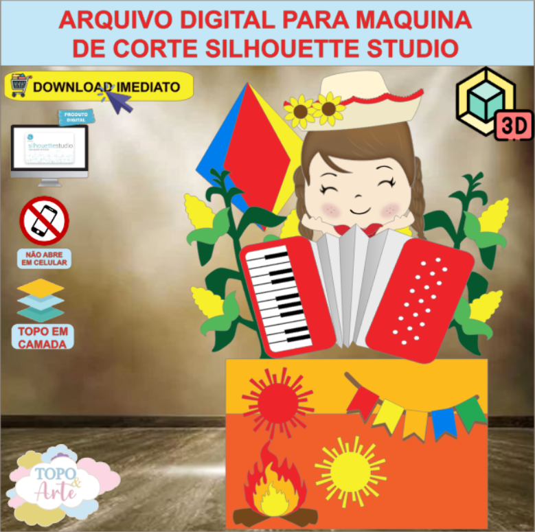 ARQUIVO de Corte Topo de Bolo Festa Junina Menina com Sanfona 3D - 68