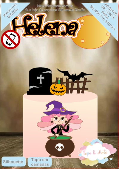 ARQUIVO Topo de bolo Halloween Bruxa - Topo e corte