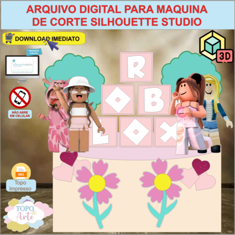 ARQUIVO de Corte Topo de Bolo Roblox Menina com Cubo 3D - 10
