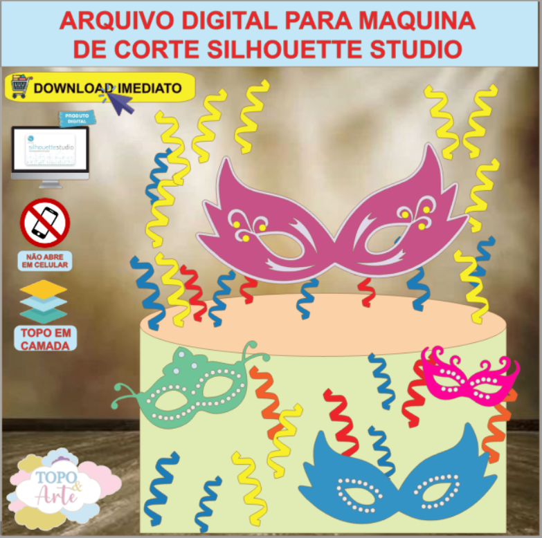 ARQUIVO de Corte Topo de Bolo Carnaval Baile de Mascara - 01