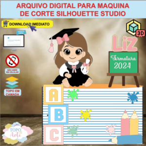 ARQUIVO de Corte Topo de Bolo ABC Formatura Menina com Livro e Lápis 3D - 07