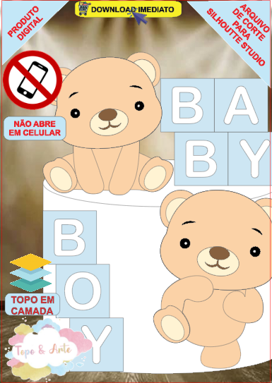ARQUIVO de Corte Topo de Bolo Cha Revelação Bebe Urso Ursinho com Caixa 3D - 20