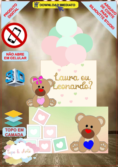 ARQUIVO de Corte Topo de Bolo Cha Revelação Bebe Urso Ursinho com Caixa 3D - 28