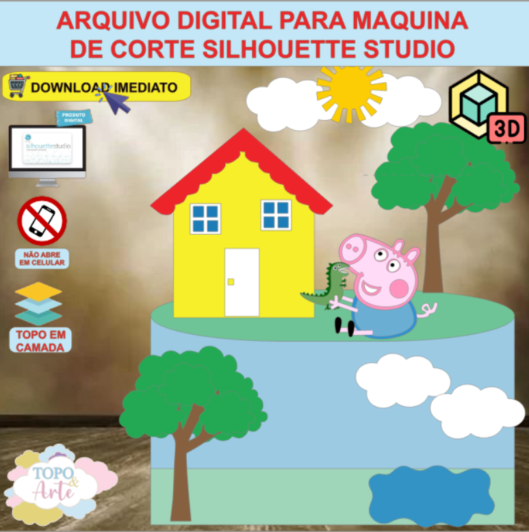 ARQUIVO de Corte Topo de Bolo Peppa Pig com Casa 3D - 08
