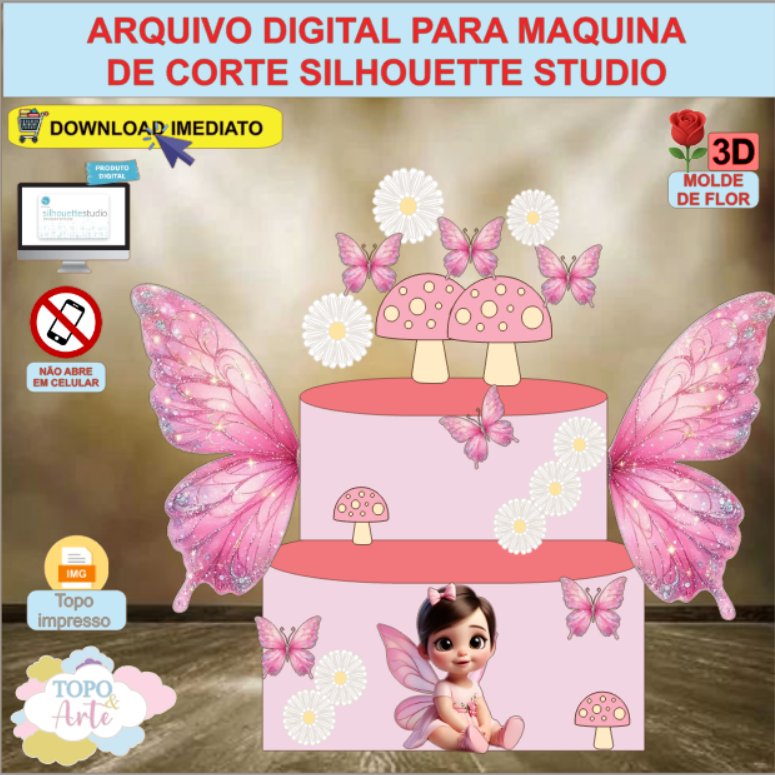ARQUIVO de Corte Topo de Bolo Fada Fadinha com Flor 3D - 23