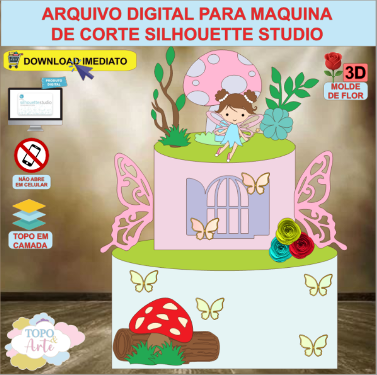 ARQUIVO de Corte Topo de Bolo Fada Fadinha com Flor 3D - 25