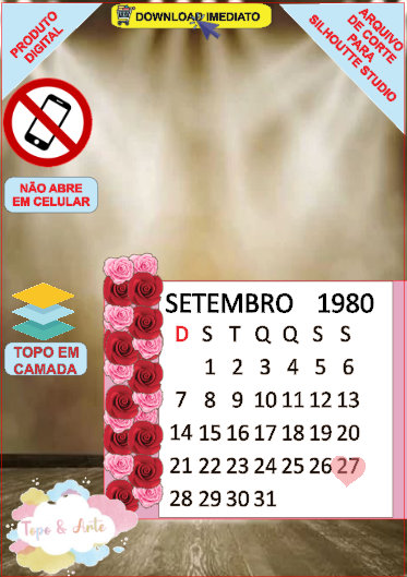 ARQUIVO de Corte Topo de Bolo Calendario, Ano, Mes, Dia, Comemoração com Flor Digital - 01
