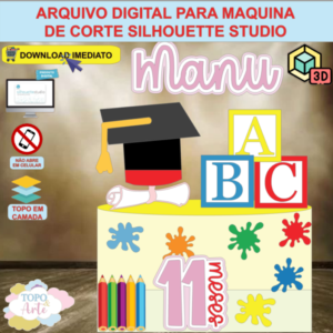 ARQUIVO de Corte Topo de Bolo ABC Formatura com Livro Lapis e Capelo Cubo 3D - 41