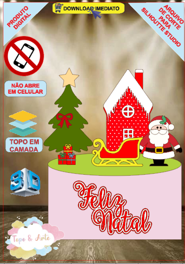 ARQUIVO de Corte Topo de Bolo Papai Noel de Natal com Treno 3D - 117