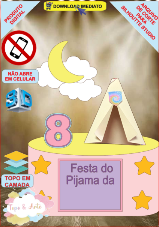 ARQUIVO de Corte Topo de Bolo Festa do Pijama com Cabana 3D - 06