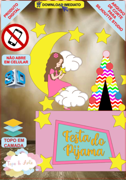 ARQUIVO de Corte Topo de Bolo Festa do Pijama com Cabana 3D - 07