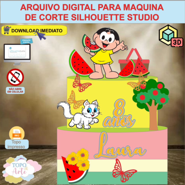ARQUIVO de Corte Topo de Bolo Turma da Monica Apresenta Magali com Cesta 3D - 02