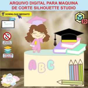 ARQUIVO de Corte Topo de Bolo ABC Formatura Menina com Livro Lapis e Capelo 3D - 05