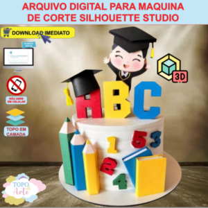 ARQUIVO de Corte Topo de Bolo ABC Formatura Menino com Livro Lapis e Capelo 3D - 47