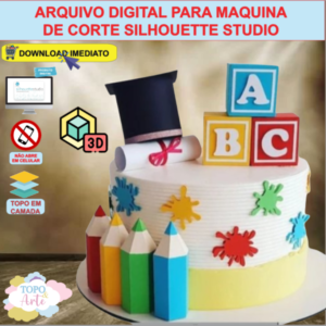 ARQUIVO de Corte Topo de Bolo ABC Formatura com Livro Lapis e Capelo Cubo 3D - 50