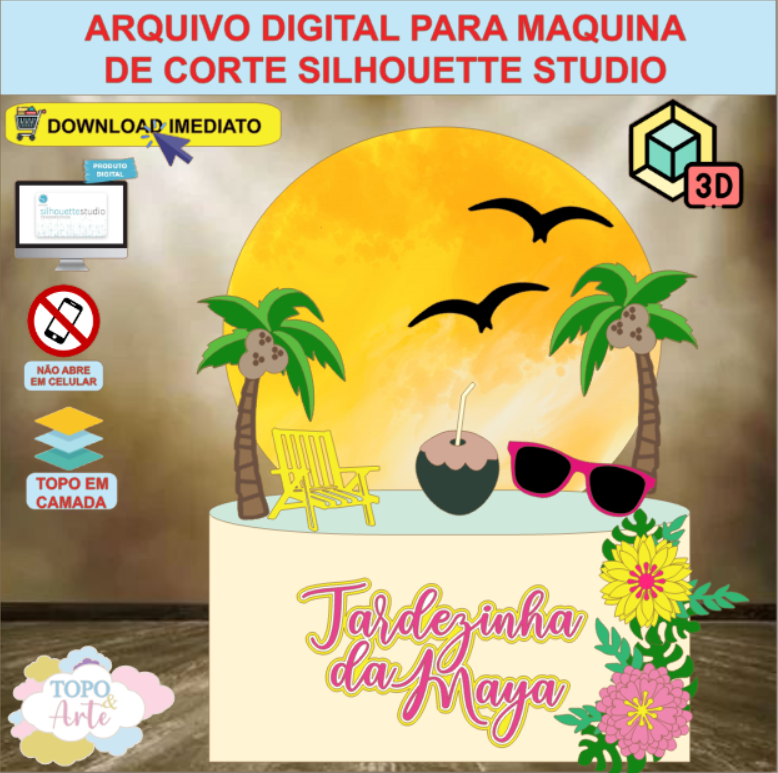 ARQUIVO de Corte Topo de Bolo Tardezinha Praia com Cadeira 3D - 18