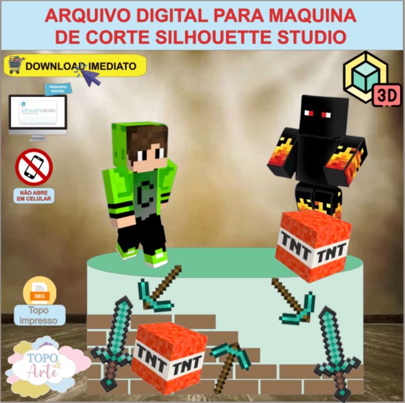 ARQUIVO de Corte Topo de Bolo Minecraft com Cubo 3D- 06