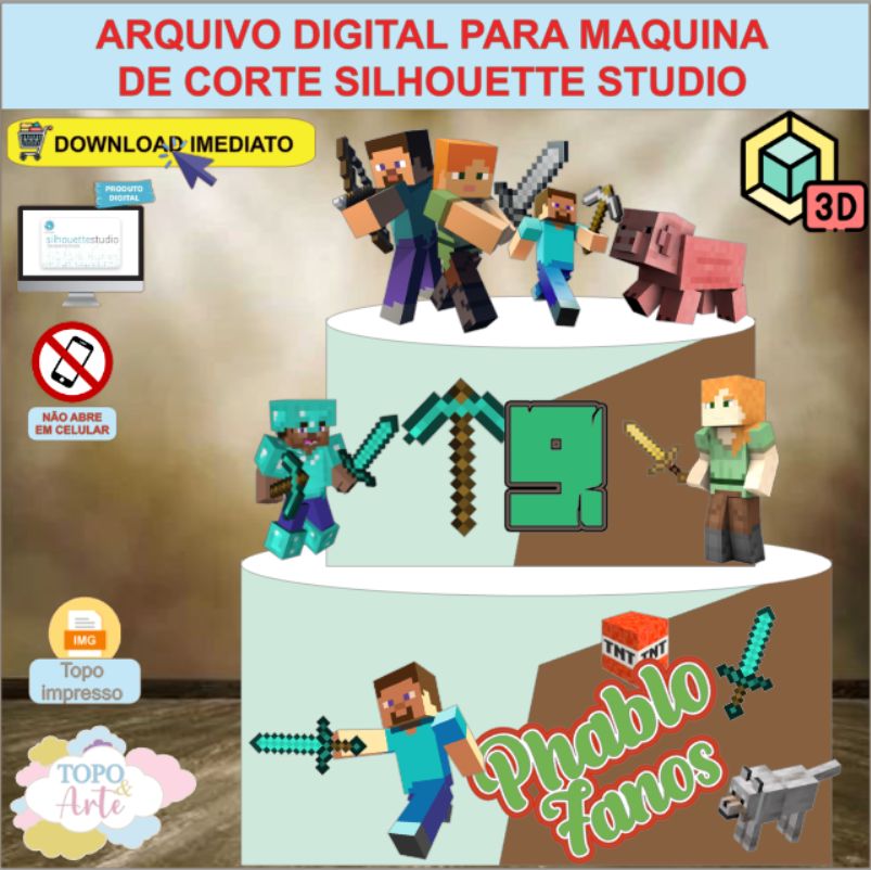 ARQUIVO de Corte Topo de Bolo Minecraft com Cubo 3D- 14