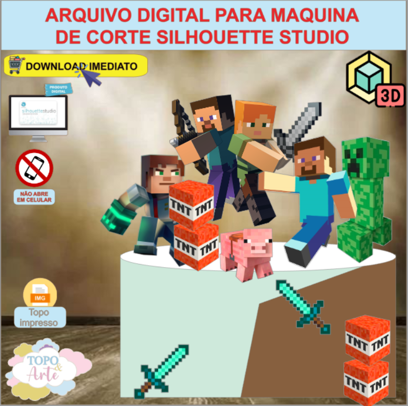 ARQUIVO de Corte Topo de Bolo Minecraft com Cubo 3D- 15