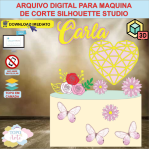 ARQUIVO de Corte Topo de Bolo Coracao Lapidado Vazado com Flor 3D - 04