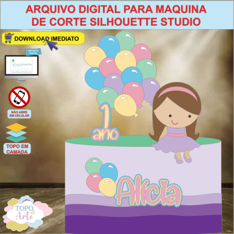 ARQUIVO de Corte Topo de Bolo Menina Baloes - 01