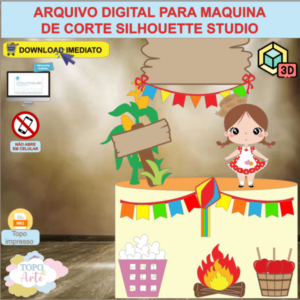 ARQUIVO de Corte Topo de Bolo Festa Junina Menina com Cesta de Pipoca 3D - 76