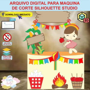 ARQUIVO de Corte Topo de Bolo Festa Junina Menina com Cesta de Pipoca 3D - 81