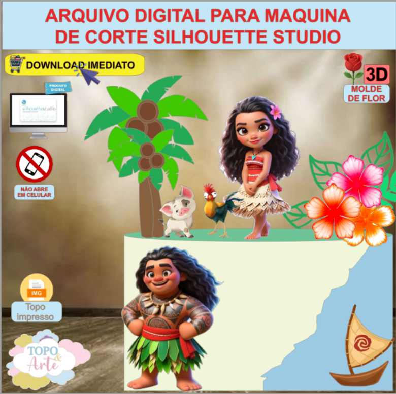 ARQUIVO de Corte Topo de Bolo Moana com Flor 3D - 25