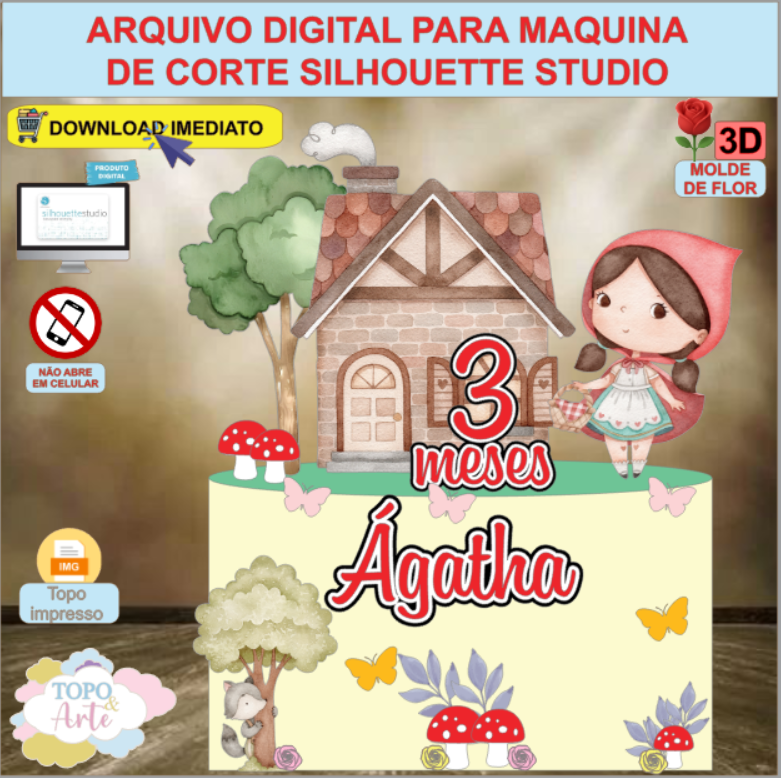 ARQUIVO de Corte Topo de Bolo Chapeuzinho Vermelho Aquarela com Flor 3D - 04