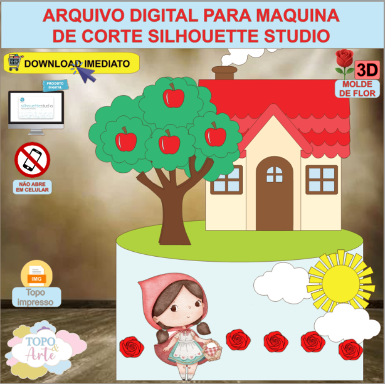ARQUIVO de Corte Topo de Bolo Chapeuzinho Vermelho com Flor 3D - 02