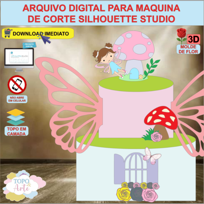 ARQUIVO de Corte Topo de Bolo Fada Fadinha com Flor 3D - 07
