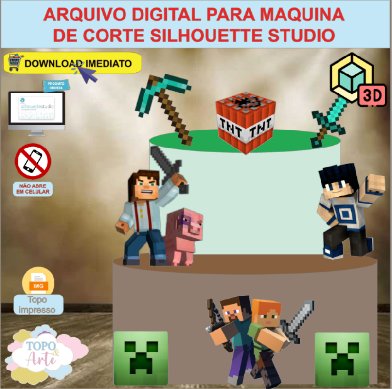 ARQUIVO de Corte Topo de Bolo Minecraft com Cubo 3D- 02