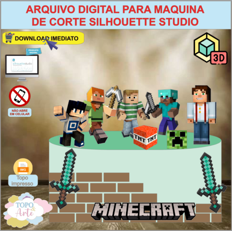 ARQUIVO de Corte Topo de Bolo Minecraft com Cubo 3D- 05